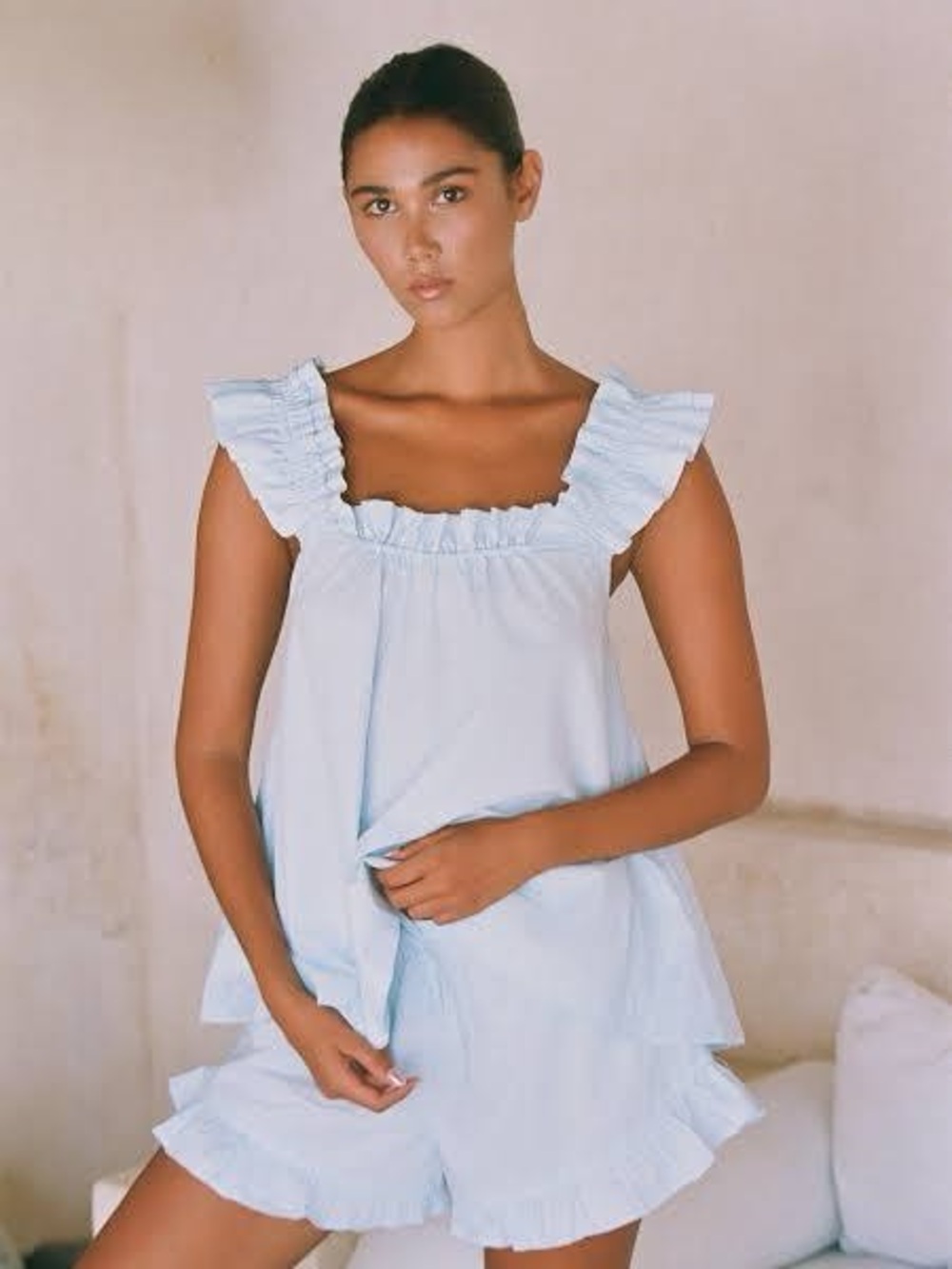 Ruffled Square-Neck Sleep Set - Light Blue